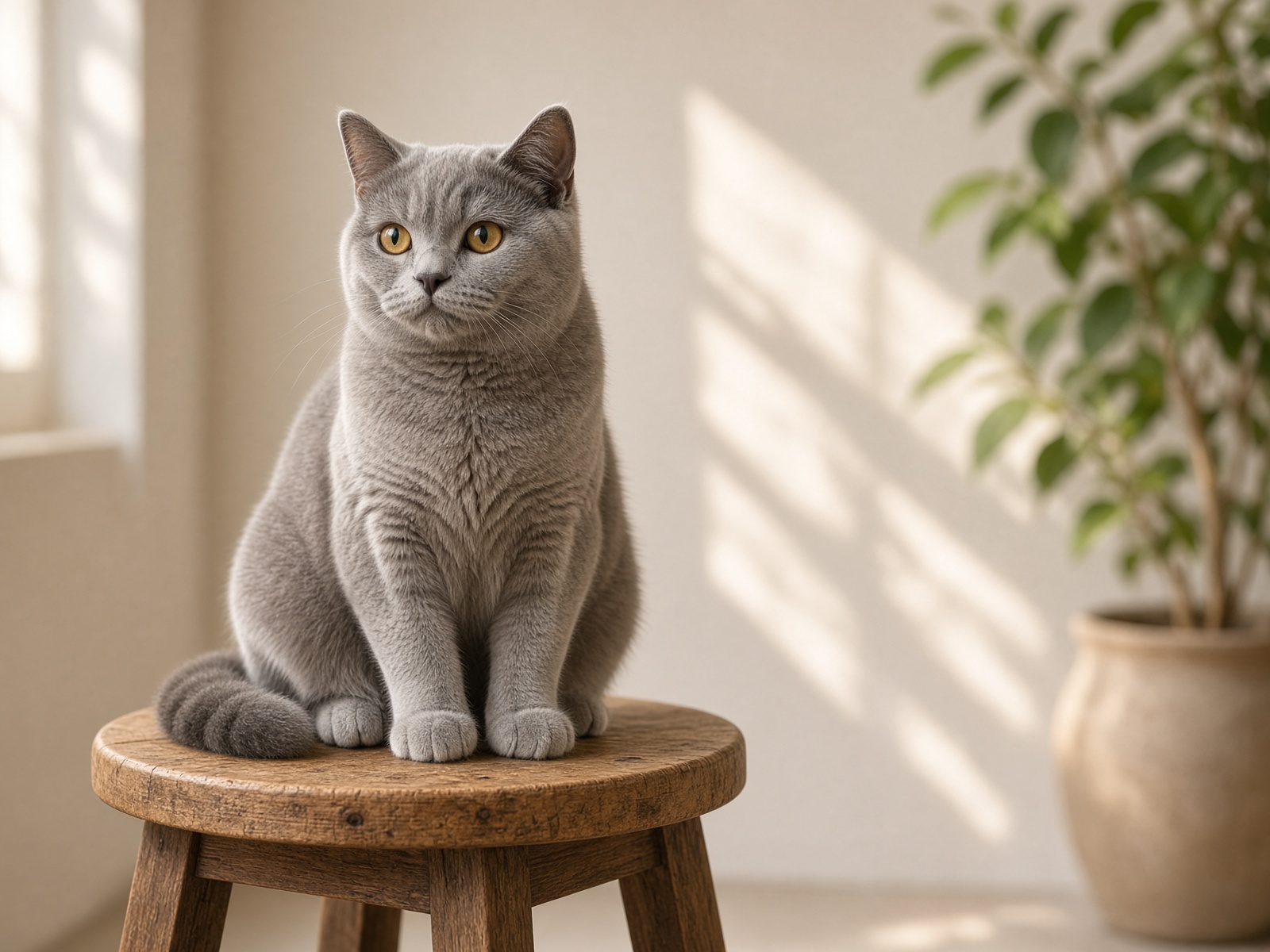 A grey cat sitting on a wooden stool