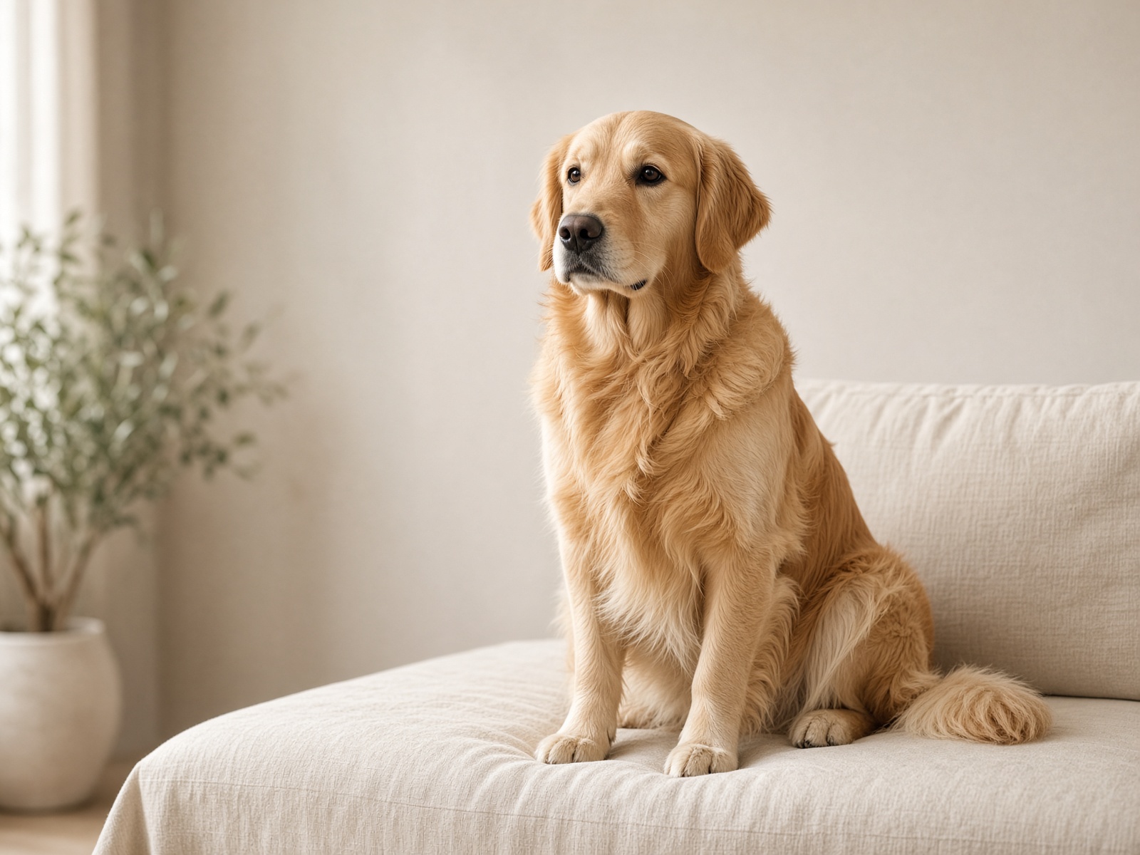 A golden retriever sitting on a linen bench