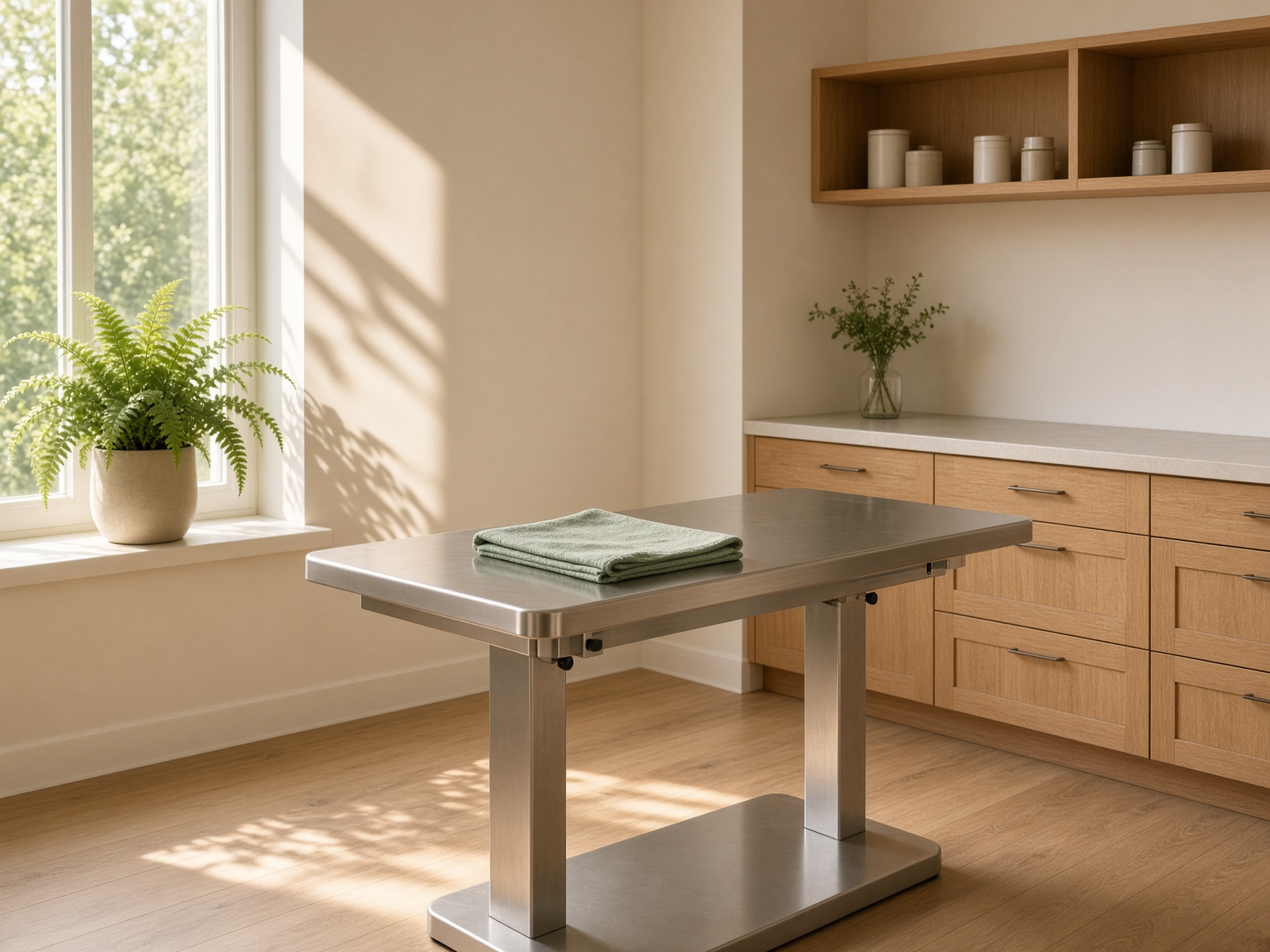 An empty veterinary exam room in morning light