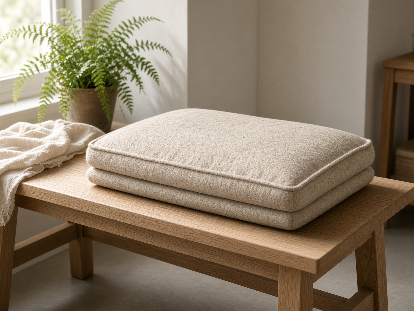 Folded oatmeal pet bed on a wooden bench