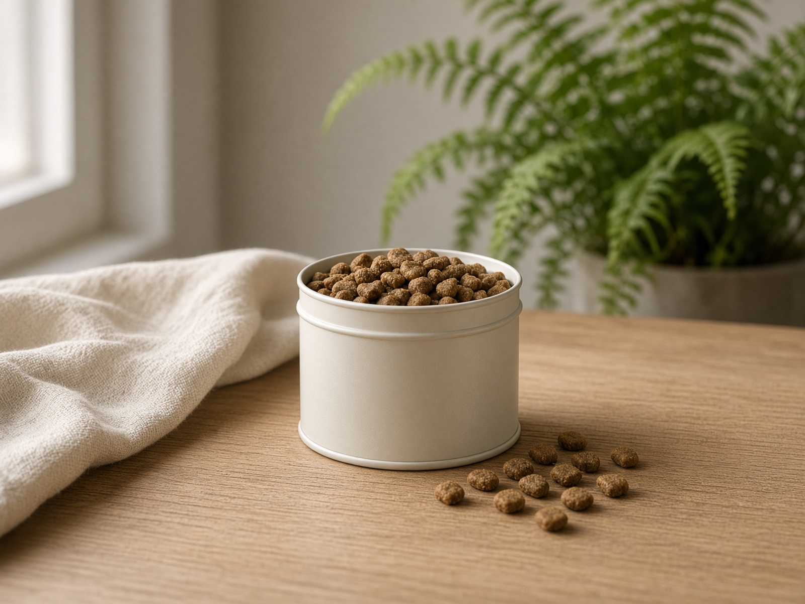 Small tin of dry cat food on linen