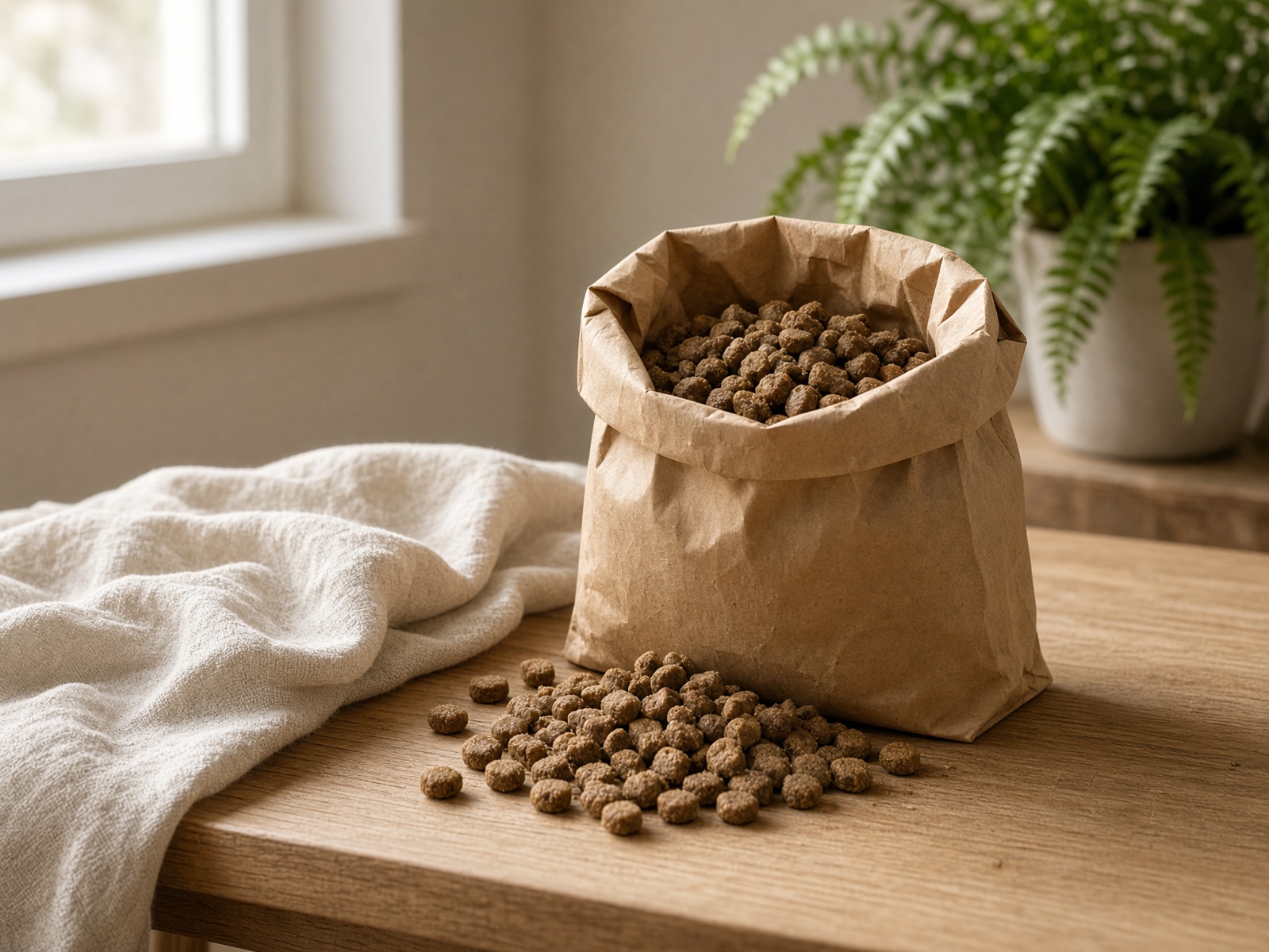 Kraft bag of dry dog kibble on an oak table