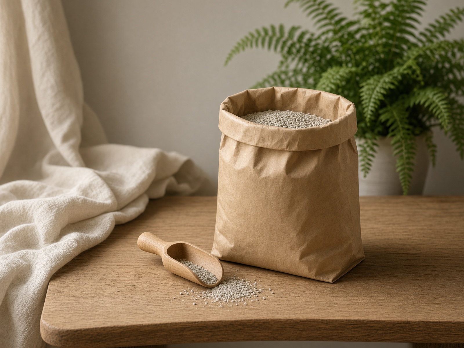 Bag of clumping cat litter with a wooden scoop