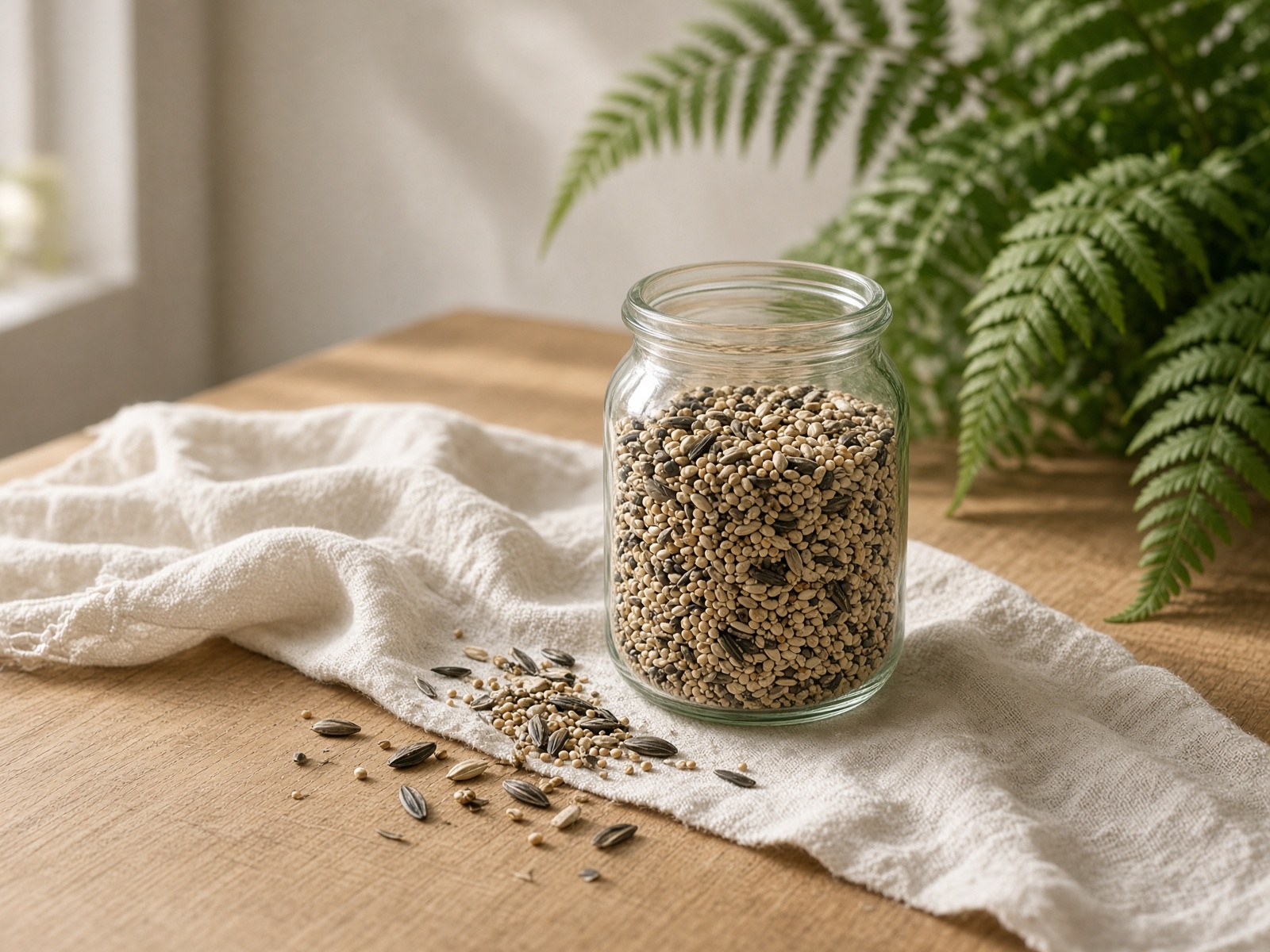 Glass jar of mixed bird seed